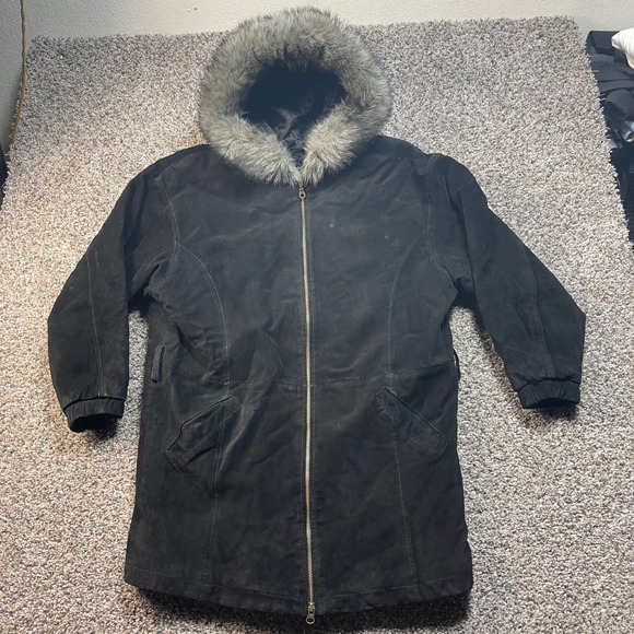 Wilsons Small Leather Adventure Bound Black Hooded Jacket Suede Parka Faux Fur
